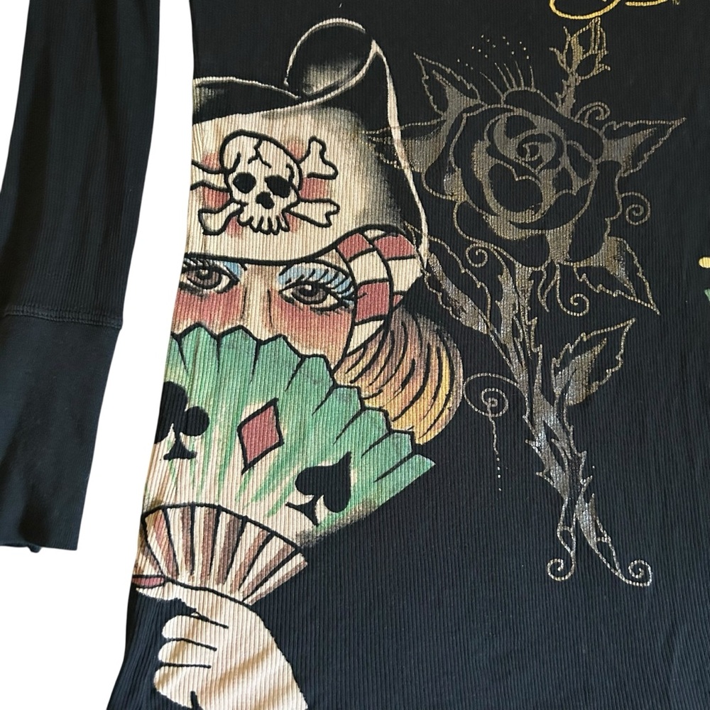 VTG Y2K Ed Hardy Black Long Sleeve Tattoo Graphic Shirt / Mini Dress Goth Medium - Picture 10 of 16